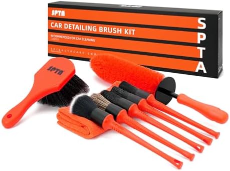 SPTA 8Pcs Wheel & Tire Brush Car Detailing kit, Easy Reach Wheel and Rim Brush, 5pcs Detailing Brushes, Short Handle Cleaning Brush, 1pc Microfiber Cleaning Cloth, Great to Clean Dirty Tires by SPTA