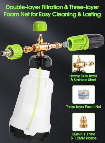 Foam Cannon for Pressure Washer (Wide Mouth), Stainless Steel Filter Thick Snow Car Wash Foam Gun, Adjustable Soap Cannon with 1/4“ Quick Connector, Additional 1.1mm Orifice Nozzle, 1L HDPE Bottle - Image 3