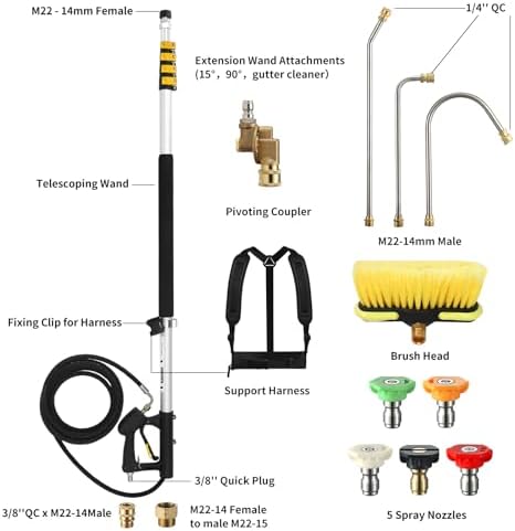24 FT Telescoping Pressure Washer Wand with Pressure Washer Extension Wand, Brush Head, Gutter Cleaner, 5 Spray Nozzle Tips, 2 Hose Adapters and Support Belt - Image 3