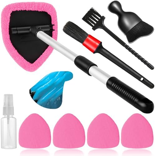 Qydipclin 10pcs Windshield Cleaner Tool, Car Window Cleaning Wash Kit with 4 Reusable Microfiber Pads 1 Spray Bottle and Extendable Handle Auto Glass Wiper Kit, Pink by Qydipclin