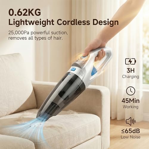 Handheld Vacuum Cordless, 25000Pa Powerful Suction Car Vacuum Portable Cordless with 8000mAh Battery & LED Light, Hand Held Vacuum Rechargeable with HEPA Filters, Home, Car Seats, Pet Hair White - Image 3