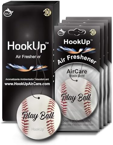 Baseball Car Air Freshener by HookUp - 4 Pack - Black Gold Scent (Extra Strong) | Unique Baseball Gift for Players, Coach, Fans | Hanging Car Accessory with Long Lasting Fresheners Smell by HookUpAirCare