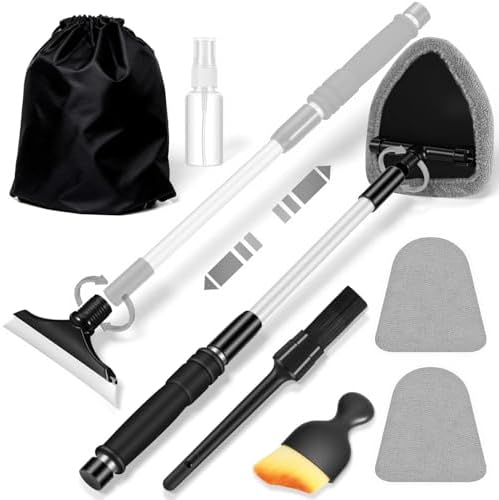Gray Windshield Cleaner Tool, Car Interior Cleaning Kit with Extendable Handle and 3 Reusable Microfiber Pads, Auto Glass Wiper and Detailing Brush Kit for Car & Home Window by Vioview