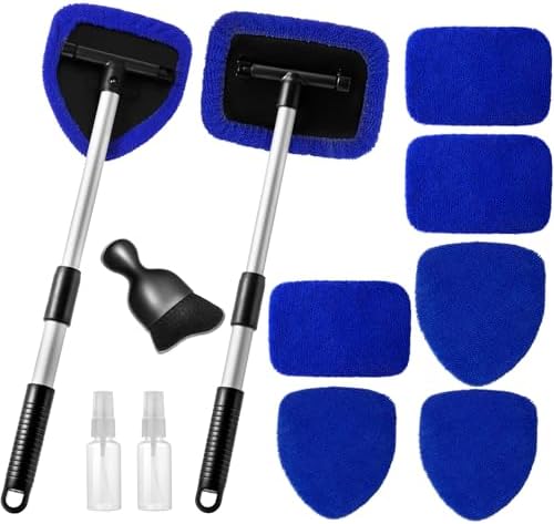 Qydipclin 11pcs Windshield Cleaner Tool, Car Window Cleaning Wash Kit with 6 Reusable Microfiber Pads 2 Spray Bottles and Extendable Handles Auto Glass Wiper Kit, Blue by Qydipclin