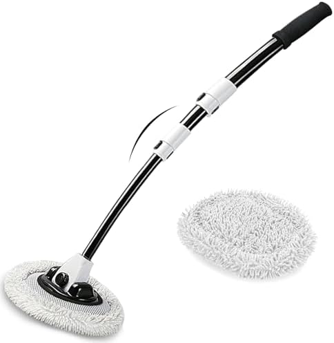 WillingHeart 15° Curved Car Wash Brush with Long Handle 43" Microfiber Cleaning Mop Telescopic Extension Pole for Caravan RV Truck Auto SUV Wheel Boat Exterior 2 in1 Carwash Duster Scratch Free, White by WillingHeart