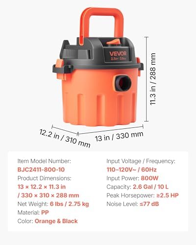 VEVOR Dry Vacuum Cleaner, 2.6 Gallon 2.5 Peak HP Portable Shop Vac with 800W Input Power, Various Nozzles, 1.25in Diameter x 4ft Hose, 9.2ft Cord for Home, Garage, Jobsite, Workshop, Black Orange - Image 7