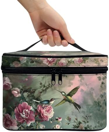 Hummingbird Make Up Bags for Women Portable Lightweight Floral Cosmetic Bag with Handle Womens Travel Makeup Bag for Vacation Daily Party - Image 2
