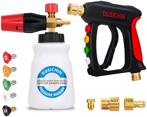 DUSICHIN Foam Cannon Short Pressure Washer Gun 1/4 Inch Quick Connector,5 Pressure Washer Nozzle Tips Car Wash Foam Gun 3/8'' Swivel Quick Connector,M22-14mm M22-15mm Fitting,Not Use with Garden Hose by DUSICHIN
