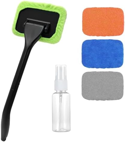 Car Windshield Cleaning Tool, Microfiber Windscreen Cleaner with 4 Washable Cloth Pads & Spray Bottle, Reusable Window Cleaning Kit with Detachable Handle for Auto Glass Wiper by RDXCV