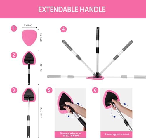 Qydipclin 7pcs Windshield Cleaner Tool Car Window Cleaning Wash Kit with 4 Reusable Microfiber Pads 1 Spray Bottle and Extendable Handle Auto Glass Wiper Kit, Pink - Image 4
