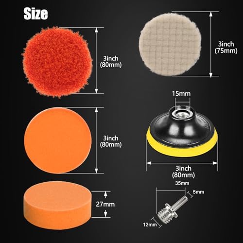 Drill Polishing Kit for Car, 3''(80mm) 32Pcs Car Foam Buffing Pads, Wool Pads Drill Buffing Pad, Wax Buffer Polisher Attachment with 5/8-11 Thread Backing pad & Adapters - Image 2