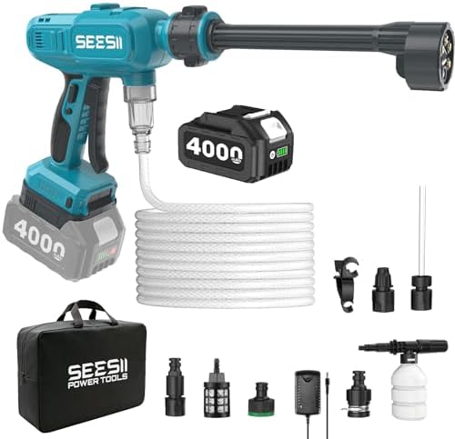 SEESII Cordless Pressure Washer, Portable Power Washer with 4000mAh Battery, Electric Washer Gun with 6-in-1 Nozzle & 27FT Hose, Handheld Power Cleaner for Car, Driveway, Garden, Patio and Fence by SEESII