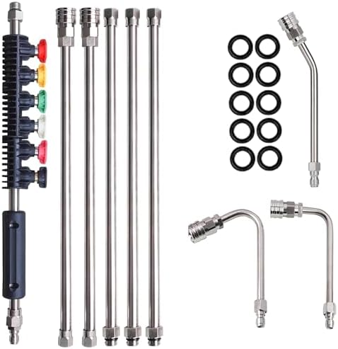 LIULO TOOL 9 Pack Pressure Washer Extension Wand, Stainless Steel Power Washer Lance with 6 Nozzle Tips for Gutter Cleaning, 3 Gutter Cleaner Attachments Curved Rod, 1/4 inch Quick Connect, 4000 PSI by LIULOTOOL