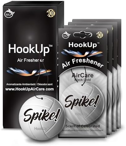 Volleyball Car Air Freshener by HookUp - 4 Pack - Black Gold Scent (Extra Strong) | Unique Volleyball Gift for Players, Coach, Fans | Hanging Car Accessory with Long Lasting Fresheners Smell by HookUpAirCare