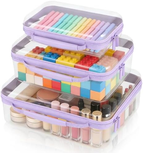 3 Pack Clear Hard Shell Zipper Storage Case Deep Capacity Organizer Pouches | PET Waterproof Transparent Bags with Handle 1.2mm Thick for Makeup Toiletries Cosmetics Toys Art Supplies Travel Essentials by CosmeticCase