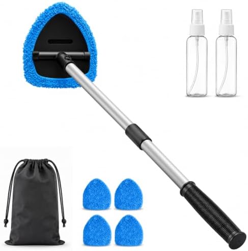 25.5" Extra-Long Reach – Super Absorbent Coral Velvet Windshield Cleaner Tool, Streak-Free Windshield Cleaning Tool Kit with 5 Pads, 2 Spray Bottles & Storage Bag for Auto Glass & Home Windows, Blue by FurnisHIQ