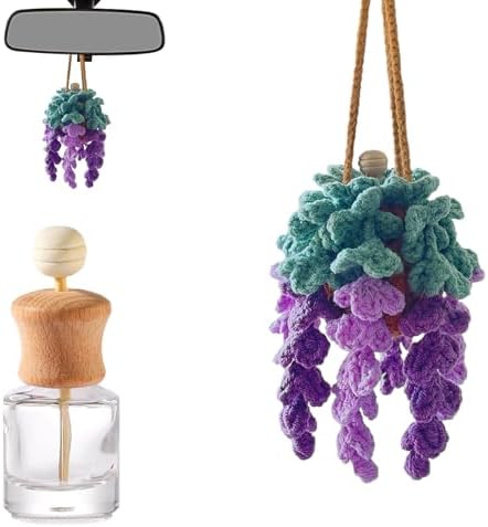 Crochet Car Air Freshener, Empty Refillable Oil Diffuser Bottle with Hanging Crochet Plant for Car Rearview Mirror Decor, Handmade Home and Office Decor (Wisteria) by Unknown