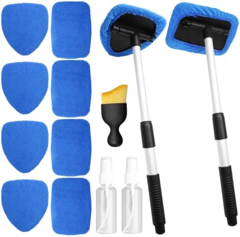 Uenhoy 13 Pcs Car Window Cleaning Kit, Windshield Cleaner Tool with Extendable Handle, 8 Microfiber Pads & 2 Spray Bottles & Brush, Auto Glass Wiper for Car and Home Window Cleaner, Blue by Uenhoy