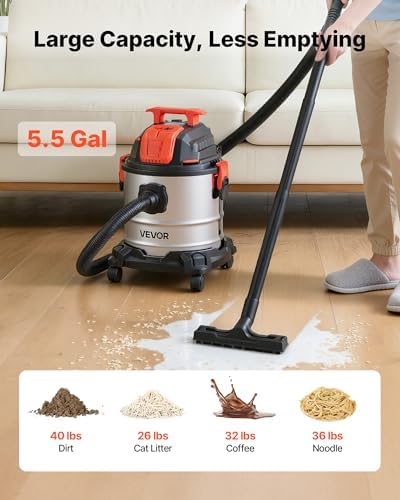 VEVOR Shop Vac, 5.8 Gallon Wet Dry Shop Vacuum, 4 Peak HP with One-Button Self-Cleaning, Dual-Filter, 900W Input Power, 1.25in x 7ft Hose, 9.8ft Cord, Metal Tank for Jobsite, Workshop, Garage, Home - Image 6