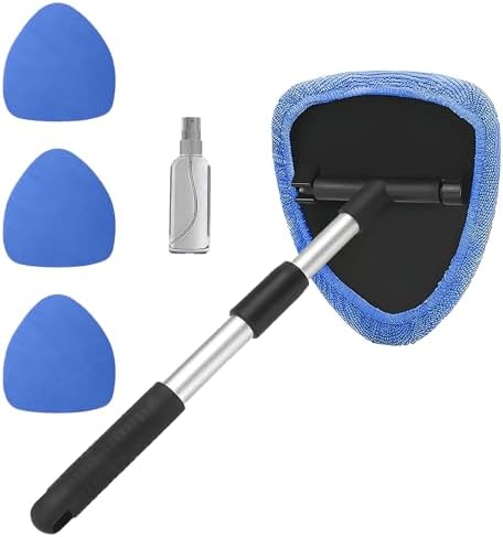 Car Window Cleaner, Car Cleanser Brush, Car Accessories Car Cleaning Supplies Tools, Car Cleaning Kit with Extendable Handle, Microfiber Cloth, Spray Bottle, Fits All Cars (Blue) by Unknown