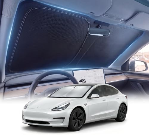 DMJN Front Windshield Sun Shade for Tesla New Model Y, Y & 3 (2017-2026), [Nano Ice-Crystal Coatings] UPF50+ Heat & UV Block, Protect Car Interior & Keep Cool, Flodable Steel-Ring Car Cover for Summer by DMJN