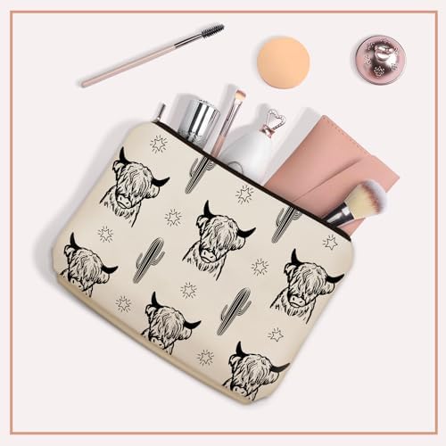 Western Highland Cow Themed Makeup Bag For Women & Teen Girls Travel Gifts | Small Cowgirl Cosmetic Bag & Toiletry Organizer Pouch, Aesthetic Cowgirl Print Stuff & Purses Christmas Birthday Gift for Her - Image 4