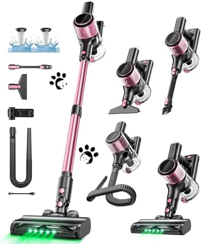 Cordless Vacuum Cleaner, 10 in 1 Stick Vacuum with Powerful Suction, Hose, Green LED Light, Anti-Tangle Brush, Lightweight Rechargeable Vacuum Cleaner for Home, Hardwood Floors, Carpets, Pet Hair,Pink by Home