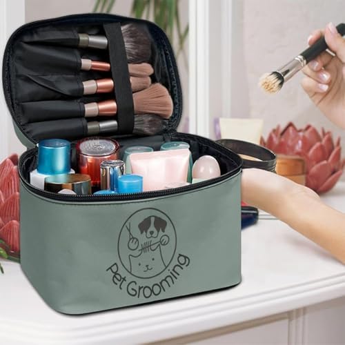 Green Travel Makeup Bag for Women Large Capacity Cosmetic Case for Women Portable Makeup Organizer with Brush Holders for Vacation Trip Daily - Image 3