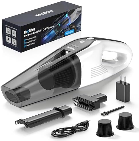 Handheld Vacuum Cordless, Ultra-Strong Suction Car Vacuum Portable Cordless, Rechargeable Hand Held Car Vacuum Cleaner High Power with Multi-Nozzles & Washable Filter for Car, Home, Pets, White&Black by VACDRIVE