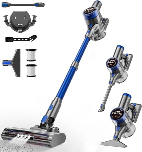 Cordless Vacuum Cleaner, 480W/45Kpa Vacuum Cleaners for Home, Self-Standing Stick Vacuum with LED Display, Anti-Tangle & Wall Mount Charging, 8 in 1 Lightweight Vacuum for Hard Floors Carpet Pet Hair by NuYupo
