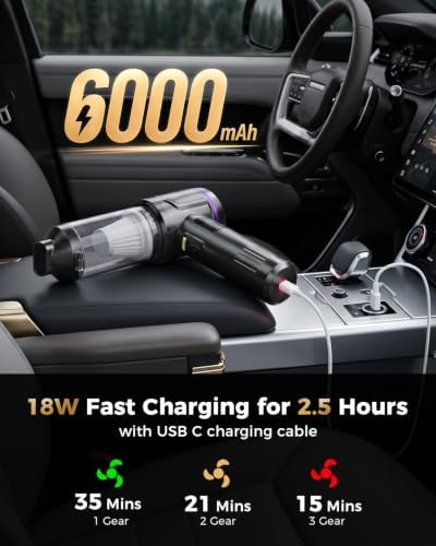 Handheld Car Vacuum Portable Cordless, Hand held Vacuum Cleaner & 22KPa High-Power Suction Air Duster for Car Cleaning, Home, Office, Pet Hair -Black - Image 6