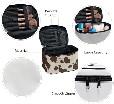 Brown Cow Print Makeup Bag for Women Lightweight Travel Makeup Bag With Handle Womens Cosmetic Makeup Organizer Vanity Case for Holiday Trip - Image 5