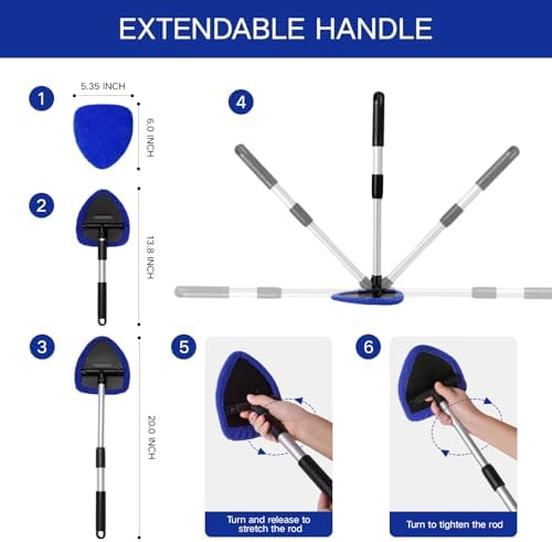 Qydipclin 7pcs Windshield Cleaner Tool Car Window Cleaning Wash Kit with 4 Reusable Microfiber Pads 1 Spray Bottle and Extendable Handle Auto Glass Wiper Kit, Blue - Image 4