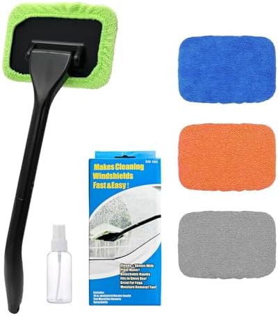 Ohleats Car Windshield Cleaning Tool, Microfiber Window Cleaner with 4 Washable and Reusable Cloth Pad & Long Handle, Auto Glass Wiper Cleaning Kit with Spray Bottle, Car Accessories by Ohleats