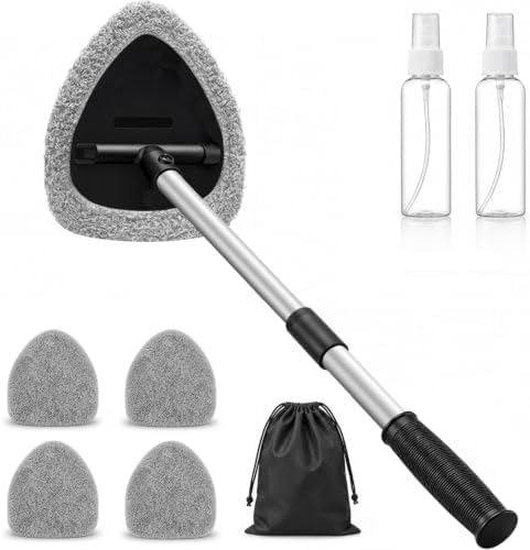 25.5" Extra-Long Reach – Super Absorbent Coral Velvet Windshield Cleaner Tool, Streak-Free Windshield Cleaning Tool Kit with 5 Pads, 2 Spray Bottles & Storage Bag for Auto Glass & Home Windows, Gray by FurnisHIQ