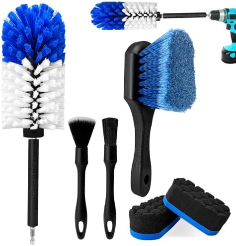 Car Wheel Brush Kit, Soft Drill Wheel Cleaner Brush, Tire Brush, Detailing Brush, and Detailing Pads, No Scratches Car Wheel Cleaning Kit for Wheels, Tires, Rims, Engines, Exhaust(Blue+White, 6 Pack) by HOLANHING