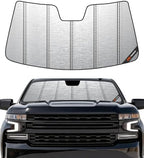 Pigenius Windshield Sun Shade for Chevy Silverado & GMC Sierra 1500/2500/3500 2019-2026 (WT, Custom, Pro Trims) - Fits All Trims 2019-2021, Non-HUD Models Only, Metallic Silver Finish by Pigenius