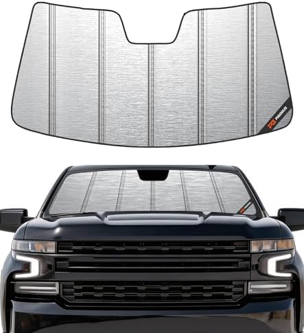 Pigenius Windshield Sun Shade for Chevy Silverado & GMC Sierra 1500/2500/3500 2019-2026 (WT, Custom, Pro Trims) - Fits All Trims 2019-2021, Non-HUD Models Only, Metallic Silver Finish by Pigenius