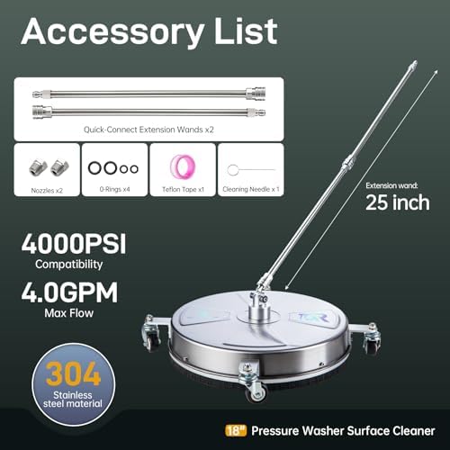 TOR 18" Pressure Washer Surface Cleaner with 4 Wheels, Surface Cleaner for Pressure Washer, 2 Extension Wands, 2 Replacement Nozzles, Power Washer Surface Cleaner for Concrete, Driveway - Image 6