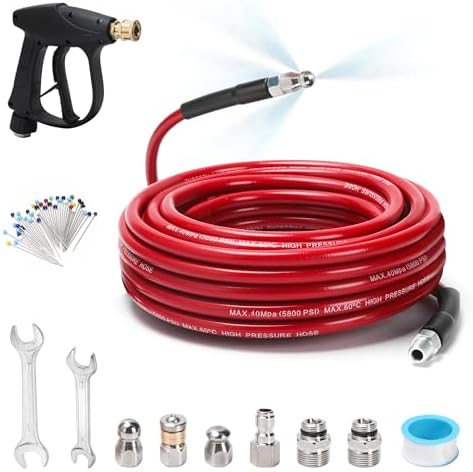 Sewer Jetter Kit for Pressure Washer 50 FT, Drain Cleaner Hose with Power Washer Gun, 1/4 Inch NPT Corner, Rotating and Button Nose Sewer Jetting Nozzle,Waterproof Tape, Pearl Corsage Pin, Spanner by SEPLY
