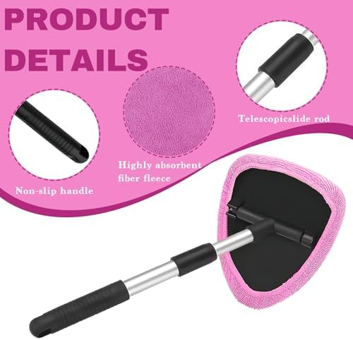 Car Window Cleaner, Car Cleanser Brush, Car Accessories Car Cleaning Supplies Tools, Car Cleaning Kit with Extendable Handle, Microfiber Cloth, Spray Bottle, Fits All Cars (Pink) - Image 6