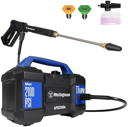 Westinghouse ePX3100v Electric Pressure Washer, 2100 Max PSI 1.76 Max GPM, Built-in Carry Handle, Detachable Foam Cannon, Pro-Style Steel Wand, 3-Nozzle Set, for Cars/Fences/Driveways/Home/Patios by Unknown
