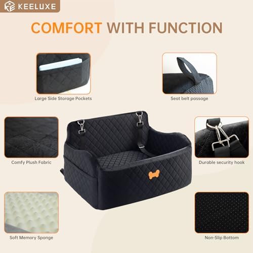 Car Seat for Large Size Dog, Booster Seat for Dogs Under 55 lbs or 2 Small Dogs, Soft Car Dog Bed Filling in Thick Memory Foam with 2 Safety Leashes and Storage Pocket (Black) - Image 5