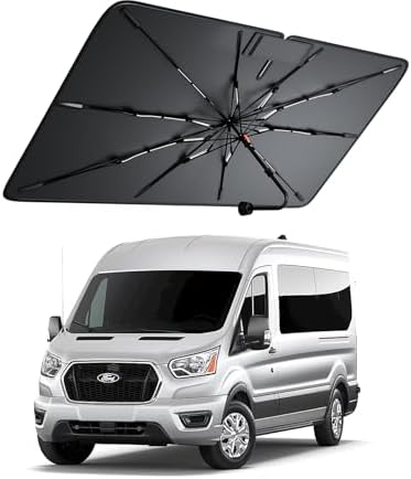 Windshield Sun Shade for Ford T150/250/350 2015–2026, Foldable Umbrella Sunshade with 100% UV Block, Multi-Layer Heat Insulation, Reinforced 10-Rib Frame, Keeps Car Cooler by Amadaw