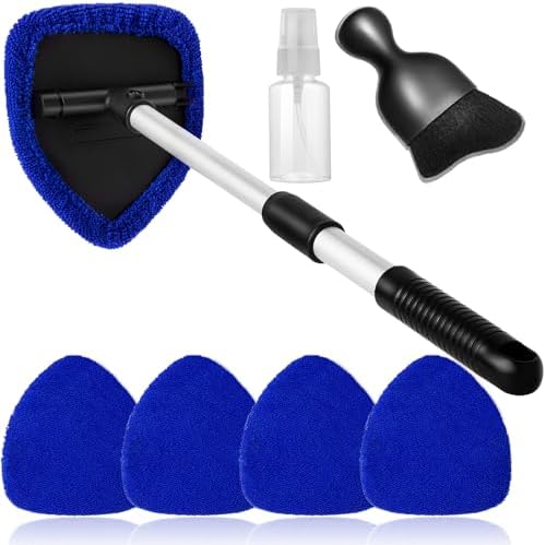 Qydipclin 7pcs Windshield Cleaner Tool Car Window Cleaning Wash Kit with 4 Reusable Microfiber Pads 1 Spray Bottle and Extendable Handle Auto Glass Wiper Kit, Blue - Image 7