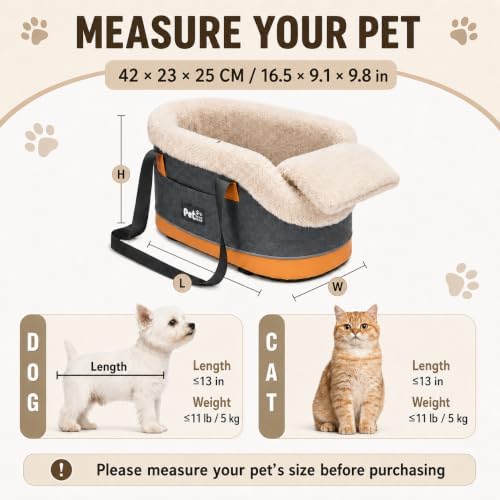 Pet Car Center Console Elevated Armrest Car Seat for Small Puppy, Dogs & Cats (Up to 10 lbs) – Dark Gray Washable Plush Carrier with Safety Leash, Fits Front Vehicle Console Space (Dark Grey) - Image 2