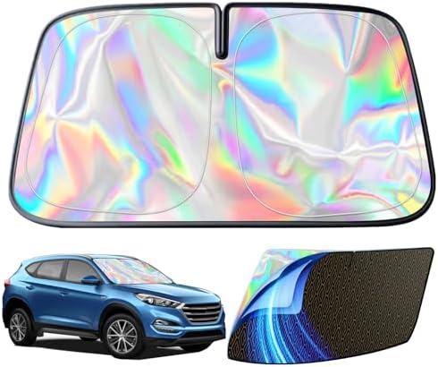 GWUSKDT Foldable Windshield Sunshade Iridescent Heat Shield with Reflective Polyester Fabric UV Protection Car Sun Shade with Memory Steel Frame Keeps Interior Cool & Protects Dashboard (55 x 27.5 in by CarSunshade