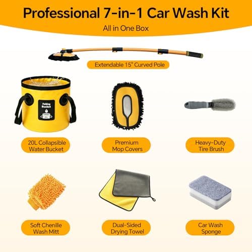 7 in 1 Car Wash Kit with 20L Folding Bucket & Brush, Extendable Car Wash Brush with 40.5" Long Handle, 15° Curved Aluminum Pole, Scratch-Free Microfiber Chenille Mop for SUV Truck RV, Yellow - Image 2