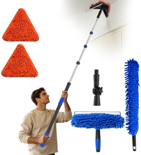 AgiiMan 10FT Reach Duster Cleaner Kit with 1.1-4.4FT Extension Pole, Window Squeegee and Duster Kit, Triangle Baseboard Cleaner Tool for Windows, Glass , Flooring and Walls by AgiiMan