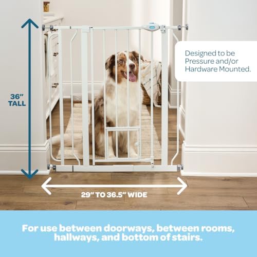 Carlson 36" Extra Tall Walk Through Dog Gate for Doorways & Bottom of Stairs, Metal Pet Gate with Small Pet Door, Expands 29.5”–36.5”, White - Image 2
